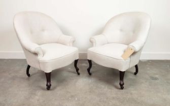 TUB ARMCHAIRS, a pair, in neutral linen upholstery on cabriole supports, 78cm H x 68cm x 60cm. (2)