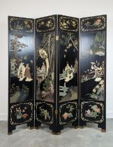 SCREEN, four fold, Chinese lacquered, each panel 183cm H x 41cm.