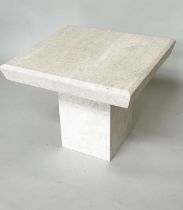 TRAVERTINE LAMP TABLE, 1970 Italian marble square with plinth support, 60cm x 60cm x 51cm H.