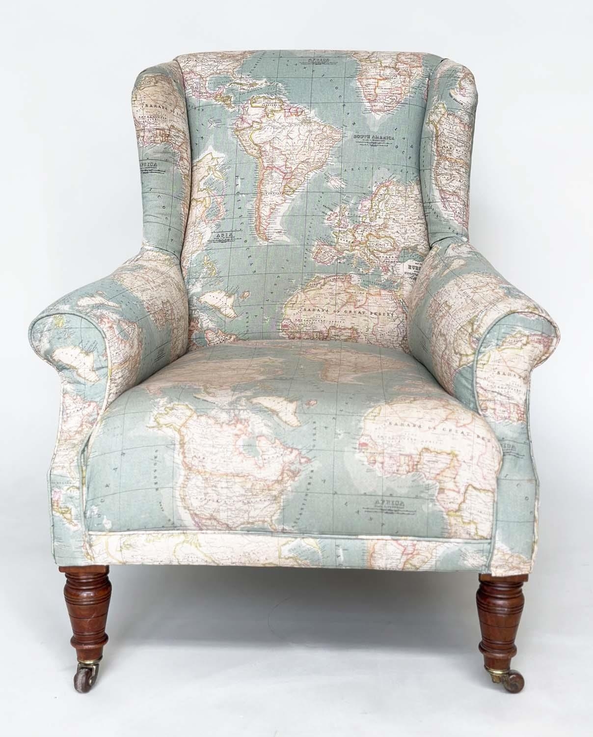 WING ARMCHAIR, Victorian walnut with circa 1900 World Atlas printed fabric upholstery scroll arms - Image 12 of 12