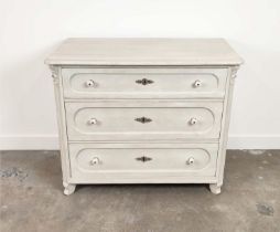 COMMODE, 19th century Continental grey painted with three drawers and ceramic handles.