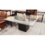 DINING TABLE, 150cm x 150cm x 77cm approx, bevelled glass top on pedestal base, gilt metal detail.