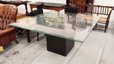 DINING TABLE, 150cm x 150cm x 77cm approx, bevelled glass top on pedestal base, gilt metal detail.