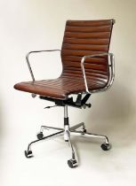 REVOLVING DESK CHAIR, Charles and Ray Eames inspired with ribbed natural soft brown leather seat