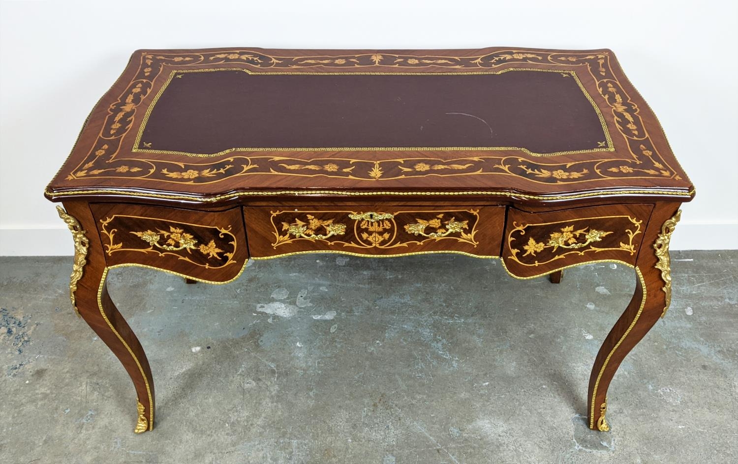 BUREAU PLAT, French style marquetry with three drawers and gilt mounts, 120cm x 79cm H x 62cm. - Image 3 of 8