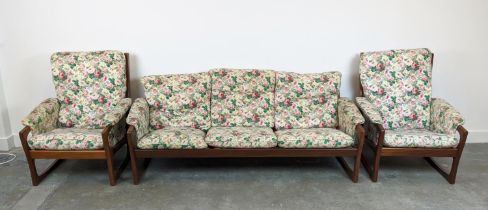 SOFA, circa 1970, Danish teak with floral cushions, 75cm H x 185cm x 76cm and a pair of matching