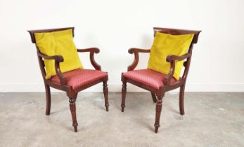 OPEN ARMCHAIRS, a pair, William IV style mahogany with drop in seats, 91cm H x 53cm. (2)