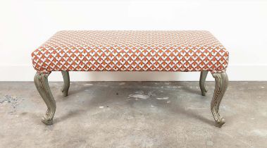 STOOL, Victorian style, grey painted in patterned orange fabric, 41cm H x 90cm W x 44cm D.