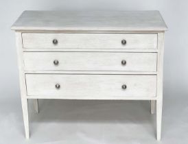 COMMODE, French style traditionally grey painted with three long drawers, 92cm W x 46cm D x 74cm H.