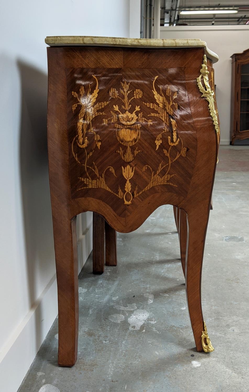 PETITE COMMODES, a pair, French style marquetry with white marble top and two drawers, 78cm H x 60cm - Image 4 of 9