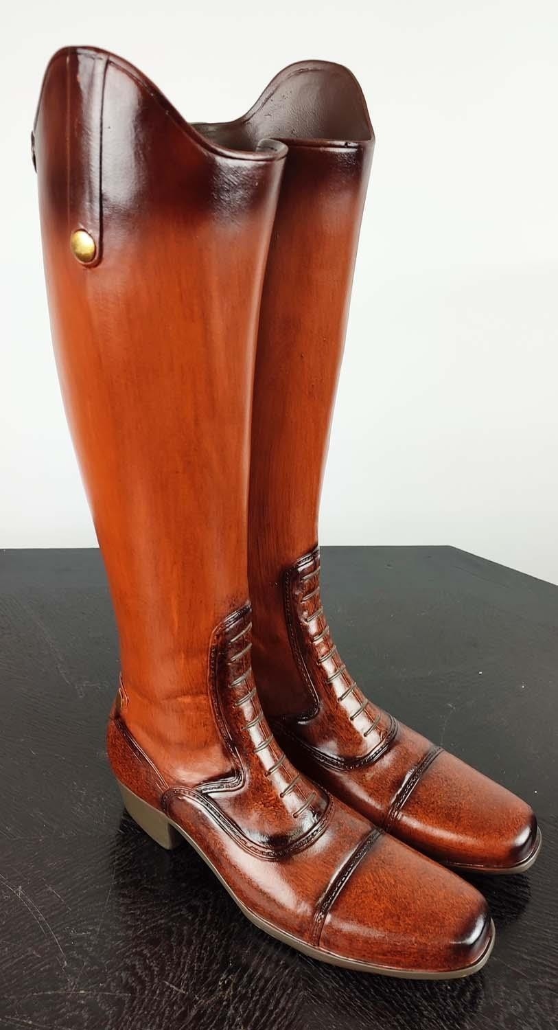 STICK STANDS, a pair, in form of leather riding boots, polychrome resin, 48cm H x 21cm. (2) - Image 3 of 7