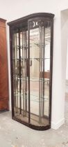 DISPLAY CABINET, Late Victorian ebonised with mirrored back, adjustable glass shelves and bowed