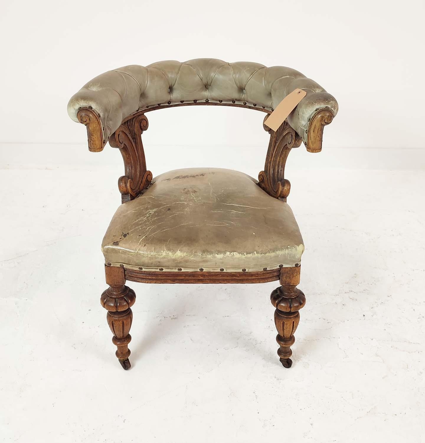 DESK CHAIR, Victorian with green leather upholstery and carved oak frame, 73cm W x 80cm H. - Image 10 of 10