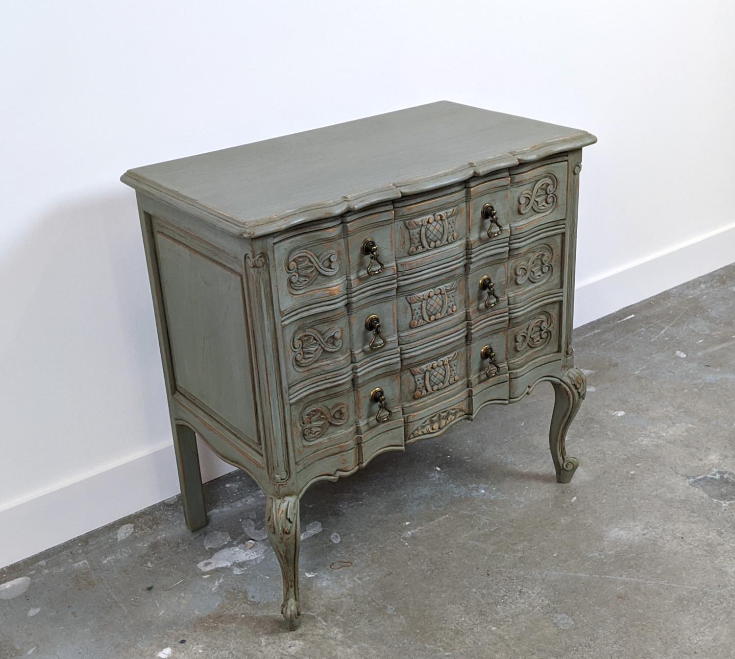 COMMODE, Louis XV style grey painted with three carved drawers, 72cm H x 73cm W x 40cm D. - Image 4 of 10