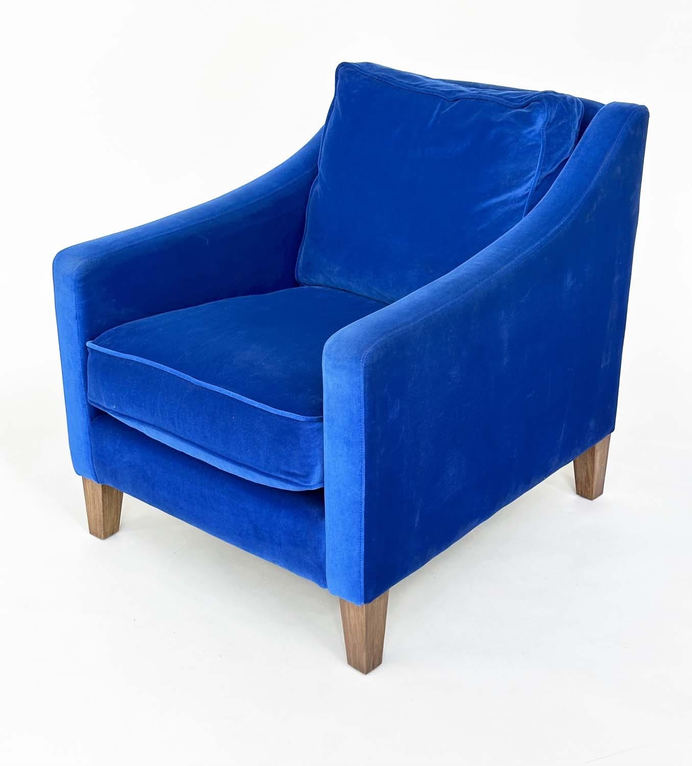 ARMCHAIR, traditional, blue velvet upholstered with soft cushions and tapering supports, Sofa.com,