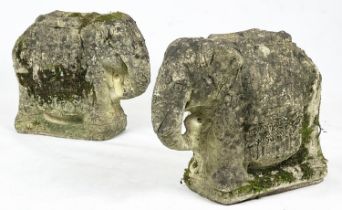 BURMESE ELEPHANT PILLAR STANDS, a pair, well weathered, 42cm H 50cn x 20cm. (2)