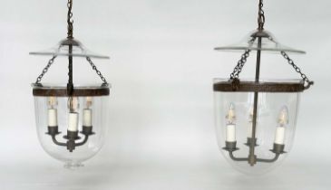 HALL LANTERNS, a set of two, each with three lights and cover, 40cm H excluding chain. (2)