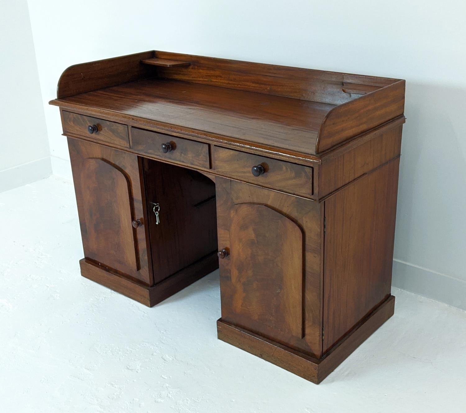 DESK, Victorian mahogany with a 3/4 gallery over three frieze drawers and cupboard base, 122cm x - Image 2 of 9