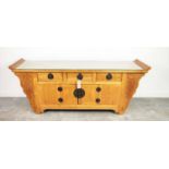 SIDEBOARD, Chinese elm with three drawers above two cupboard doors, 212cm x 86cm H x 49cm.