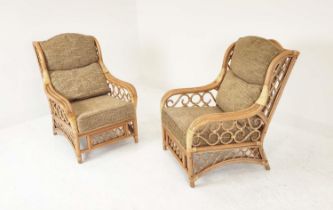 DUNO 'RENO' ARMCHAIRS, a pair, rattan and wicker, with cushion seats and back, 97cm h x73cm x