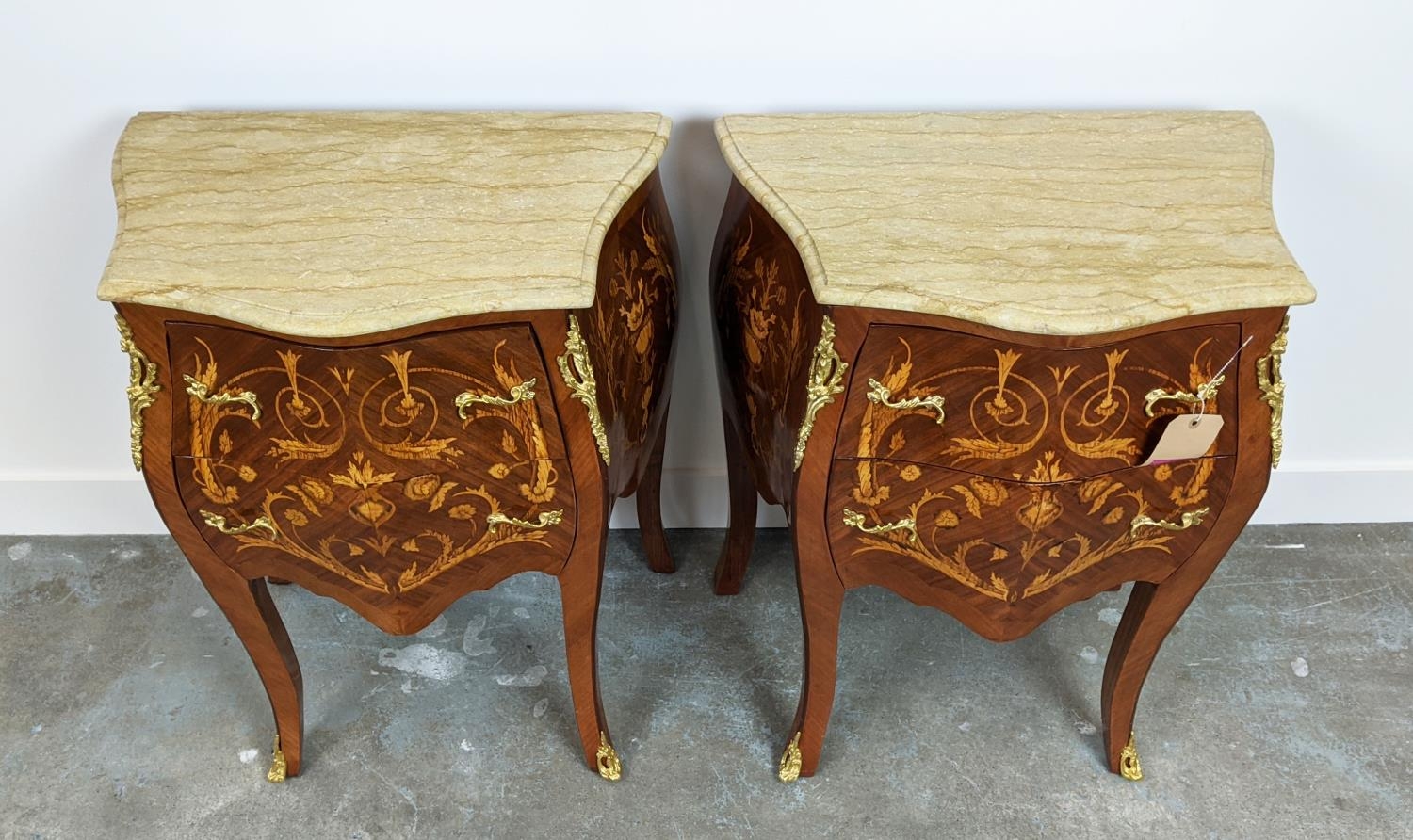 PETITE COMMODES, a pair, French style marquetry with white marble top and two drawers, 78cm H x 60cm - Image 3 of 9