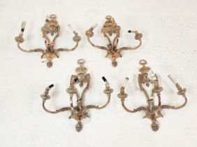 WALL SCONCES, a set of four large silver plated metal, each with three arms, each approx 65cm H x