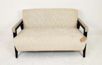BESPOKE SOFA LONDON SOFA, neutral fabric upholstered, leather detail to arms, 130cm x 72cm x 80cm.