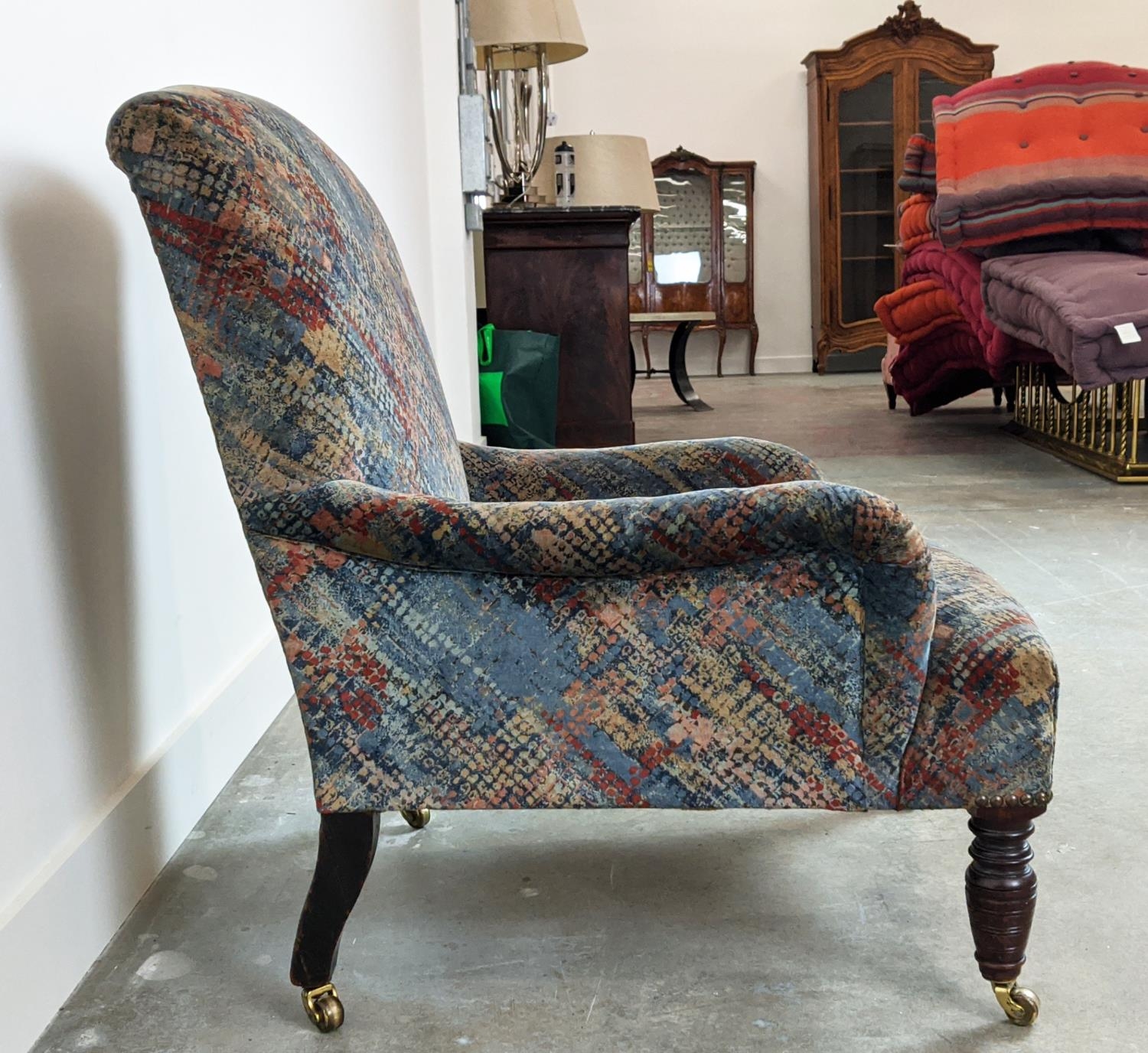 ARMCHAIR, late Victorian mahogany in patterned grey velvet on brass castors, 78cm H x 65cm x 74cm. - Image 5 of 7