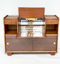 COCKTAIL CABINET, 1950s figured walnut with lift up, lit drinks compartment above two doors, 123cm W