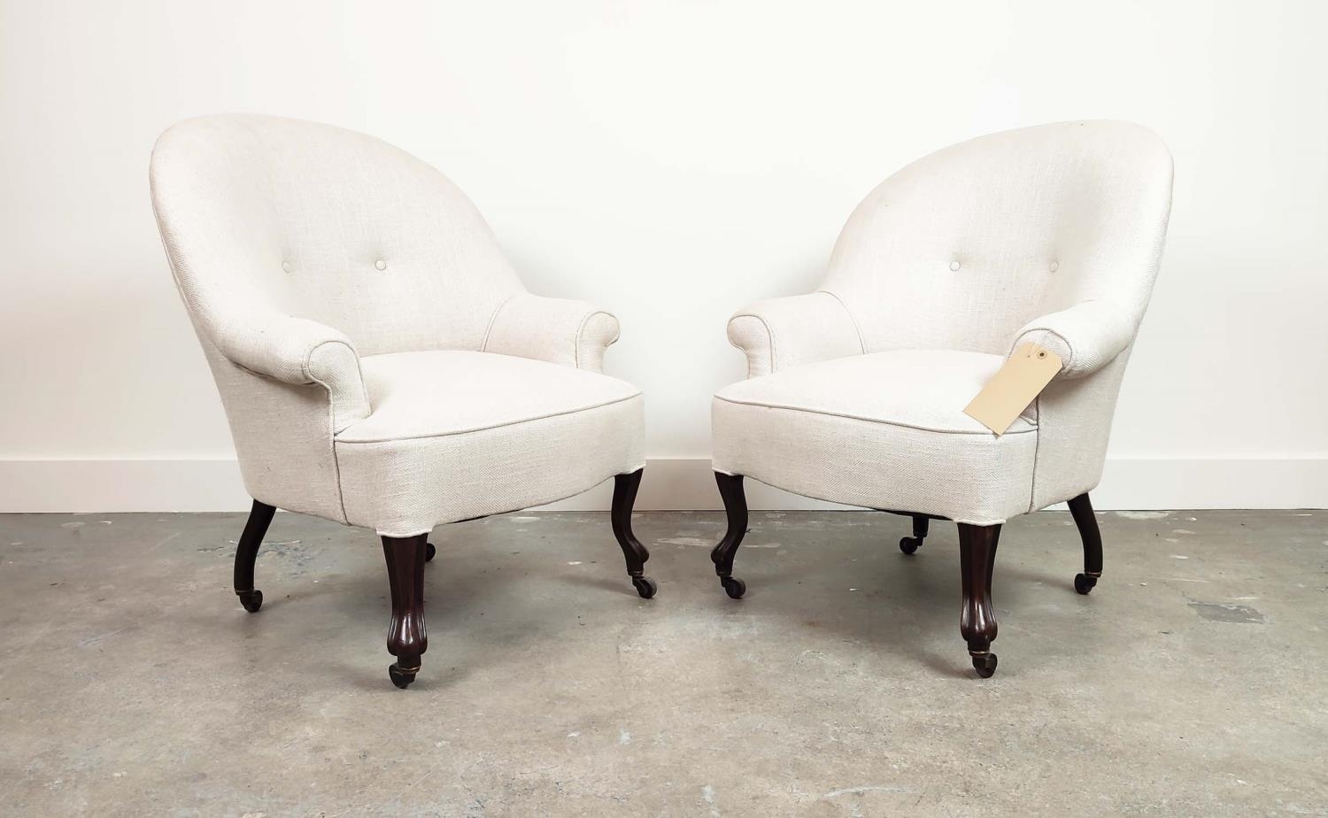 TUB ARMCHAIRS, a pair, in neutral linen upholstery on cabriole supports, 78cm H x 68cm x 60cm. (2) - Image 2 of 5