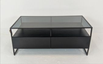 MADE.COM LOW TABLE, smoked glass top on black painted base with two drawers to one side, 118cm x