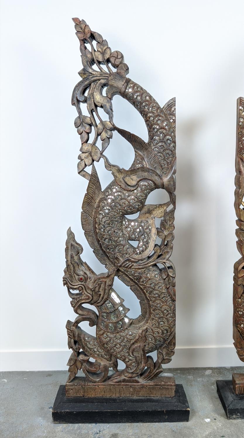 THAI NAGA TEMPLE GUARDIANS, carved wood in gilt and applied mirrored finish, 167cm H x 62cm W. (2) - Image 3 of 7