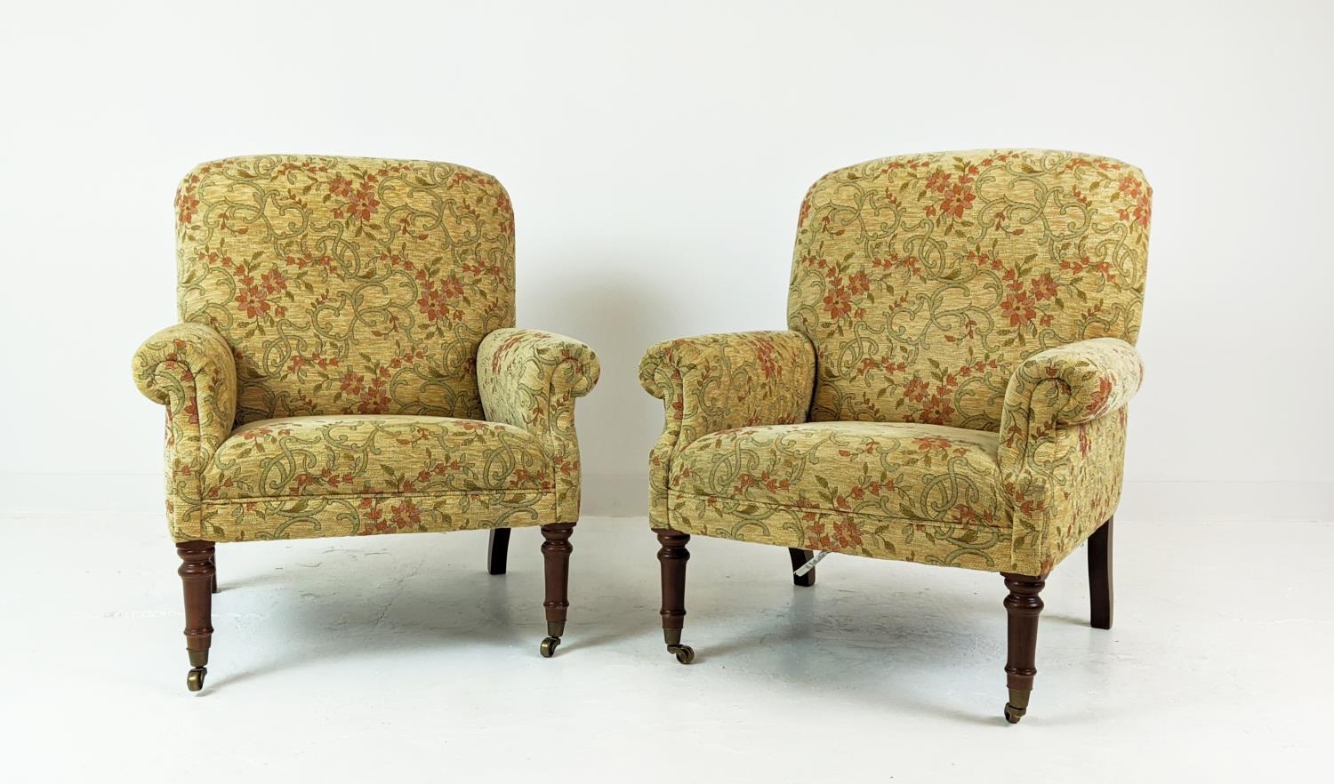 ARMCHAIRS, a pair, in floral gold chenille, 97cm x 82cm W. (2) - Image 2 of 7