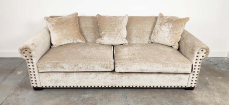 SOFA, neutral upholstered, studded detail 220cm W.