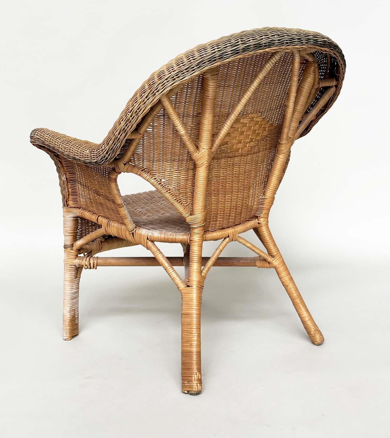 CONSERVATORY ARMCHAIRS, a pair, mid 20th century rattan framed and two tone cane with arched - Image 8 of 12