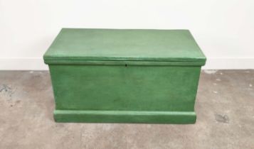 TRUNK, Victorian green painted pine with wreath decorated top, interior trays and iron handles, 50cm