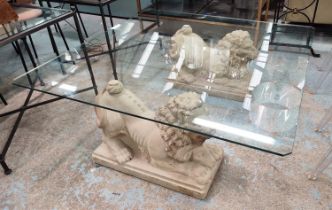 LOW TABLE, twin composite stone lion bases, glass top, 122cm x 122cm x 42.5cm.
