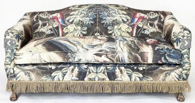 SOFA, French tapestry print linen upholstered with camel back and carved claw and ball feet, 178cm