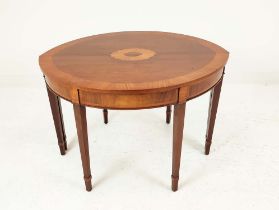 DEMI LUNE TABLES, a pair, George III design mahogany and satinwood inlaid, 77cm H x 112cm x 47cm. (