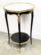 CENTRE TABLE, Louis XV style, ebonised and gilt metal mounted with lower tier, round white marble