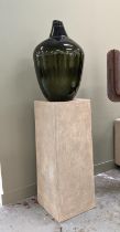 CARBOY ON STAND, faux stone pedestal, green glass vessel, 165cm H in total. (2)
