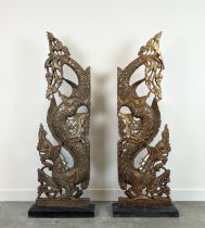 THAI NAGA TEMPLE GUARDIANS, carved wood in gilt and applied mirrored finish, 167cm H x 62cm W. (2)