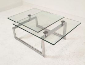 LOW TABLE, extendable twist out design, glass and polished metal, 161cm x 82cm x 40cm at largest.