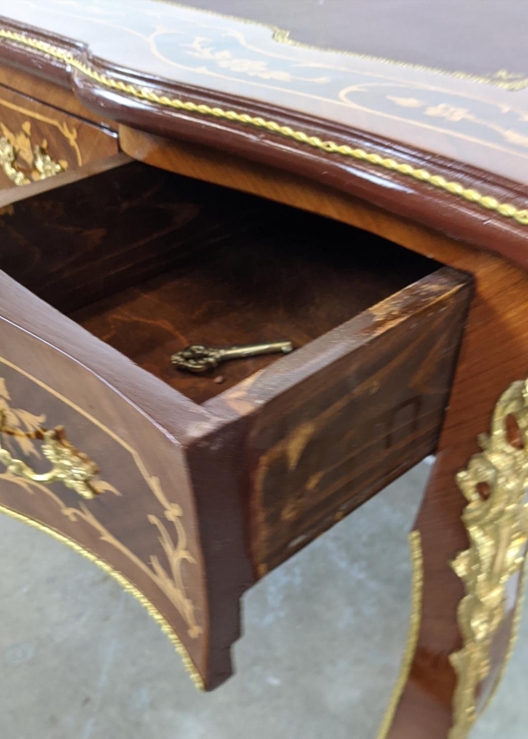 BUREAU PLAT, French style marquetry with three drawers and gilt mounts, 120cm x 79cm H x 62cm. - Image 8 of 8