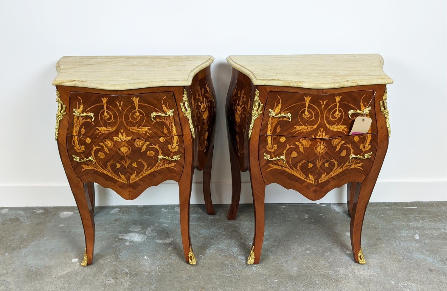 PETITE COMMODES, a pair, French style marquetry with white marble top and two drawers, 78cm H x 60cm