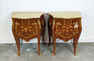 PETITE COMMODES, a pair, French style marquetry with white marble top and two drawers, 78cm H x 60cm