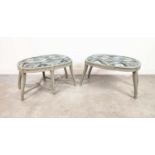 STOOLS, two similar grey painted with oval blue patterned padded seats, 47cm H x 80cm W x 55cm D. (