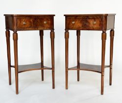 LAMP TABLES, a pair, Regency style flame mahogany each with drawer and undertier, 38cm x 33cm x 67cm