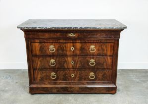 COMMODE, Louis Philippe mahogany with grey marble top above four drawers, 93cm H x 131cm x 63cm.