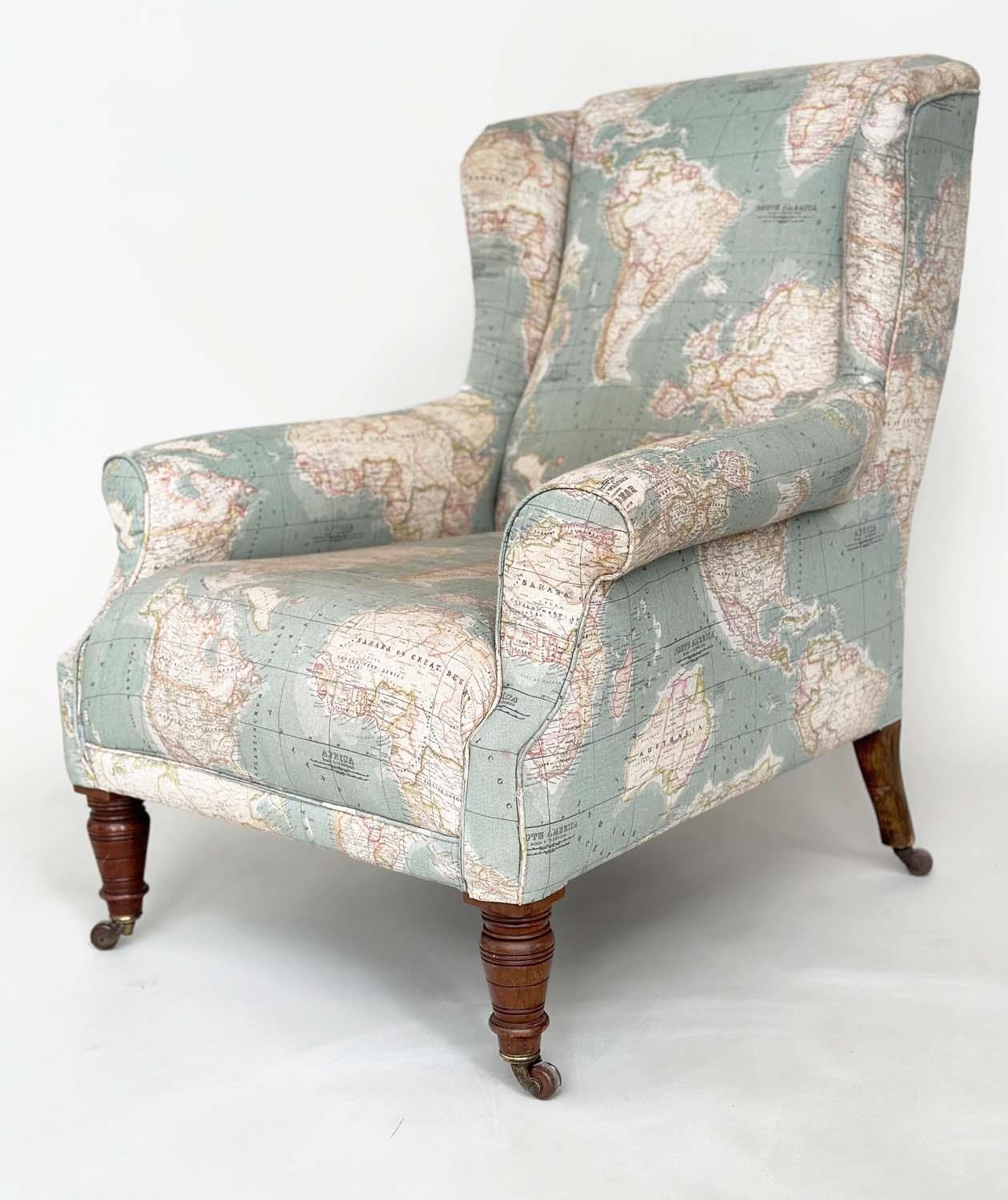 WING ARMCHAIR, Victorian walnut with circa 1900 World Atlas printed fabric upholstery scroll arms - Image 3 of 12